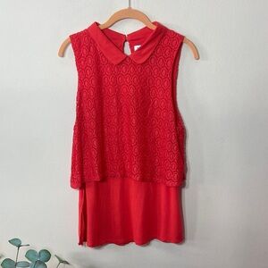Coral Orange Elle Sleeveless Women's Top Large Collared Lace Casual Summer
